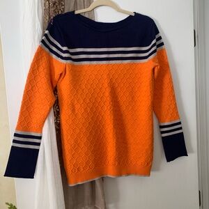Vibrant Orange and Blue Crew Neck Sweater with Striking Stripes